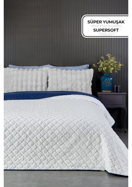 Premium Peluş Tek Kişilik Çok Amaçlı Yatak Örtüsü 160X220 Çift Taraflı Yumuşak Battaniye Pike Beyaz Lacivert