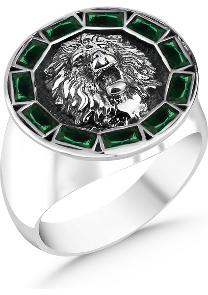 Aslan Figürlü Yeşil Baget Taşlı Gümüş Erkek Yüzük fiyatları