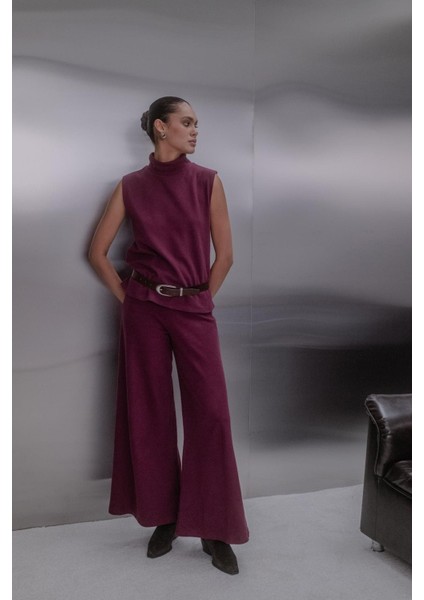 Triko Görünümlü Örme Pantolon Bordo