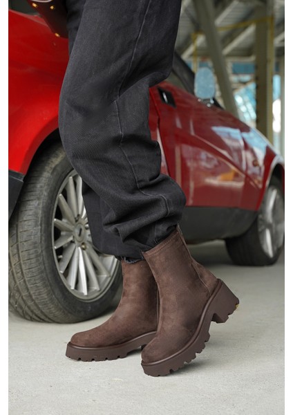 Kadın Arkadan Fermuarlı Acı Kahve Kalın Topuklu Günlük Bot Lofani Kahve Süet fiyatları