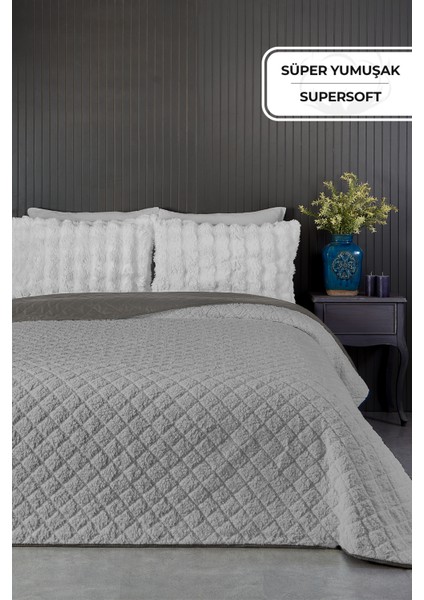 Premium Peluş Tek Kişilik Çok Amaçlı Yatak Örtüsü 160X220 Çift Taraflı Yumuşak Battaniye Pike Gri Vizon