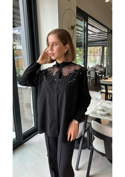Yaka Tül Detaylı Pamuklu Siyah Gömlek fiyatları