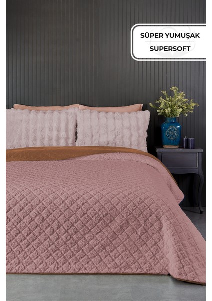 Premium Peluş Tek Kişilik Çok Amaçlı Yatak Örtüsü 160X220 Çift Taraflı Yumuşak Battaniye Pike Pudra / Somon