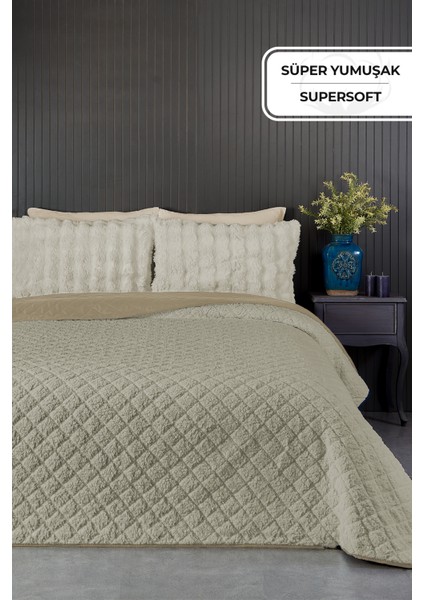 Premium Peluş Tek Kişilik Çok Amaçlı Yatak Örtüsü 160X220 Çift Taraflı Yumuşak Battaniye Pike Bej / Cappuccino