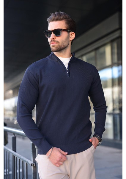 Lacivert Yarım Fermuarlı Dik Yaka Erkek Triko Kazak 7442