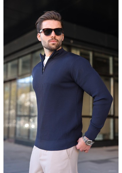 Lacivert Yarım Fermuarlı Dik Yaka Erkek Triko Kazak 7442 fiyatları