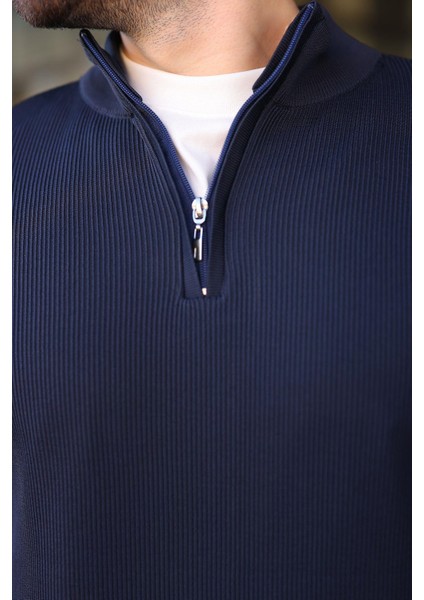 Lacivert Yarım Fermuarlı Dik Yaka Erkek Triko Kazak 7442 modelleri