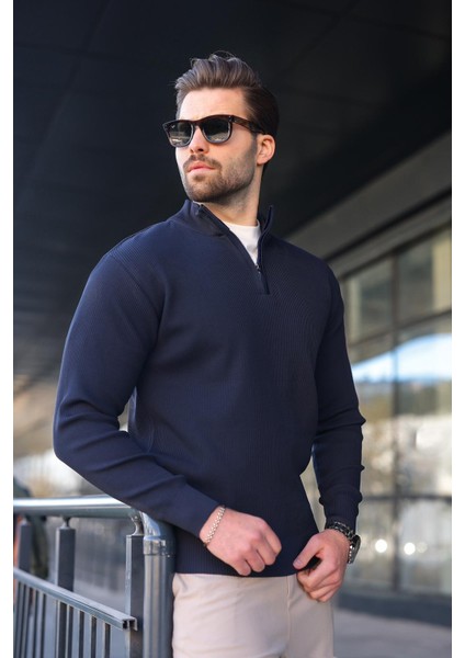 Lacivert Yarım Fermuarlı Dik Yaka Erkek Triko Kazak 7442 fırsatları