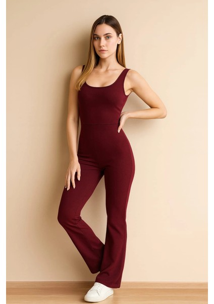 Kadın Esnek Fit Tam Boy Basic Tulum Sırt Dekolteli