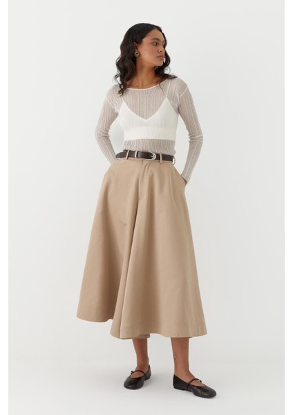 Yarı Transparan Uzun Kollu Fitilli T-Shirt Ekru