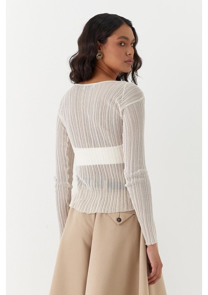 Yarı Transparan Uzun Kollu Fitilli T-Shirt Ekru fırsatları