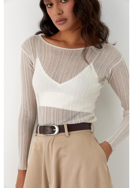 Yarı Transparan Uzun Kollu Fitilli T-Shirt Ekru indirimleri