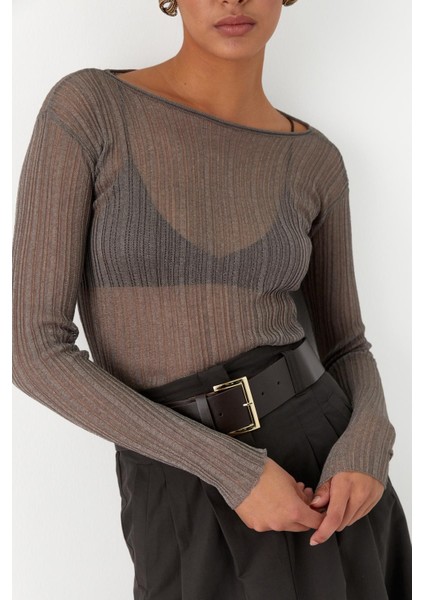 Yarı Transparan Uzun Kollu Fitilli T-Shirt Vizon