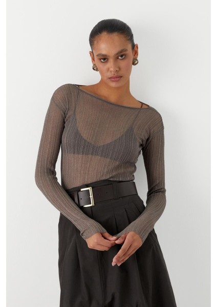 Yarı Transparan Uzun Kollu Fitilli T-Shirt Vizon fiyatları