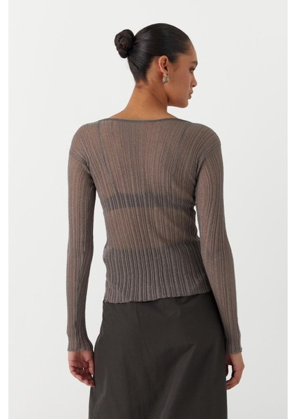 Yarı Transparan Uzun Kollu Fitilli T-Shirt Vizon indirimleri