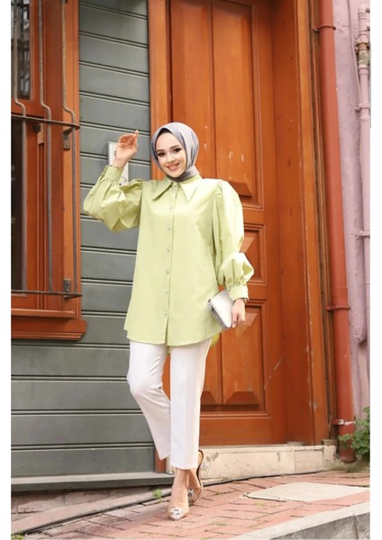 Sivri Yaka Balon Kol Taşlı Düğmeli Gömlek Yeşil