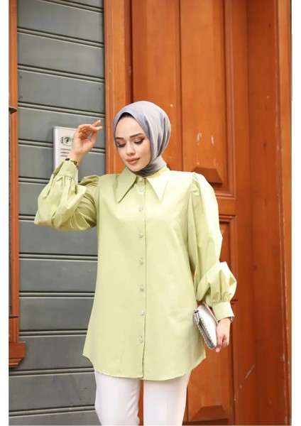 Sivri Yaka Balon Kol Taşlı Düğmeli Gömlek Yeşil modelleri