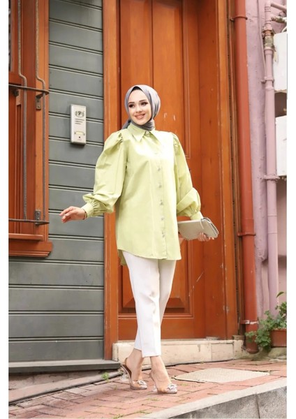 Sivri Yaka Balon Kol Taşlı Düğmeli Gömlek Yeşil indirimleri