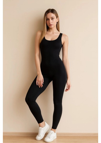 Kadın Esnek Fit Tam Boy Basic Tulum Sırt Dekolteli