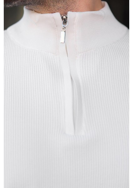 Beyaz Yarım Fermuarlı Dik Yaka Erkek Triko Kazak 7442 modelleri