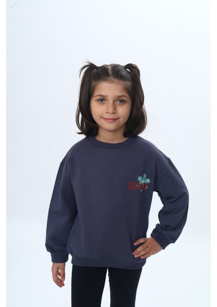 Kız Çocuk Arka Kol Baskılı Çiçekli Sweatshirt
