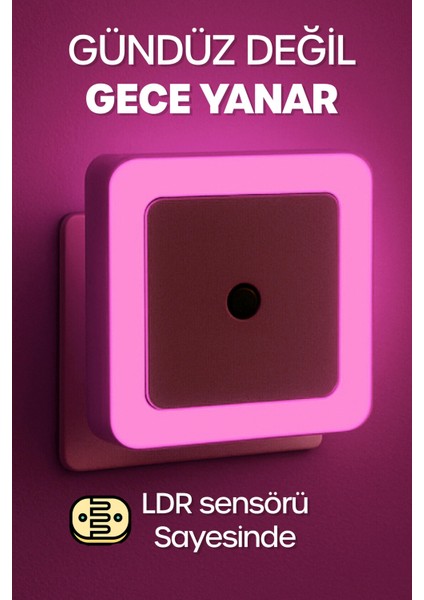 Kare Otomatik Gece Lambası Işığa Duyarlı Karanlık Ldr Sensörlü Koridor Pembe GC02 fırsatları