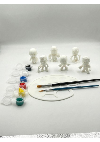 6'lı 3D Boyanabilir Avengers Figür Seti – Çocuk Boyama Aktivite Seti (6 Renk Boya + 2 Fırça + Palet)