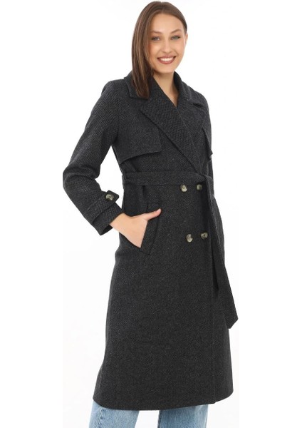 Premium Kadın Kaşe Kaban Uzun Boy, Balık Sırtı Yünlü Kaşmir Dokuma, Kruvaze Kuşaklı Astarlı - Siyah