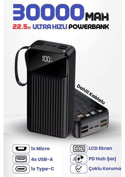 30.000 Mah 22.5W Hızlı Şarj Destekli Dahili Kablolu Taşınabilir Batarya Powerbank