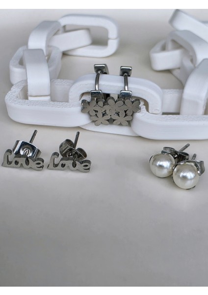 6'lı Yonca Inci Love Figürlü Silver Renkli Küpe Seti