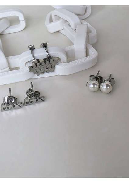 6'lı Yonca Inci Love Figürlü Silver Renkli Küpe Seti fiyatları