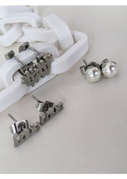6'lı Yonca Inci Love Figürlü Silver Renkli Küpe Seti modelleri