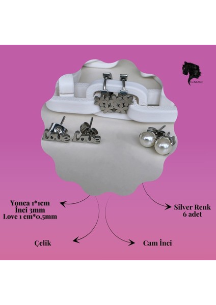 6'lı Yonca Inci Love Figürlü Silver Renkli Küpe Seti indirimleri