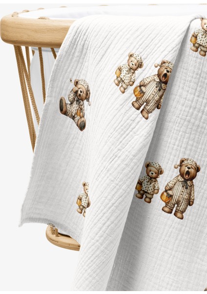 4 Kat Müslin Örtü Pijamalı Ayıcık Bebek Müslin Battaniyesi Dört Katlı Müslin 100X110 cm