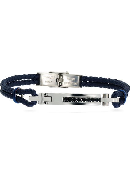 Erkek Siyah Taşlı Lacivert Deri Bileklik