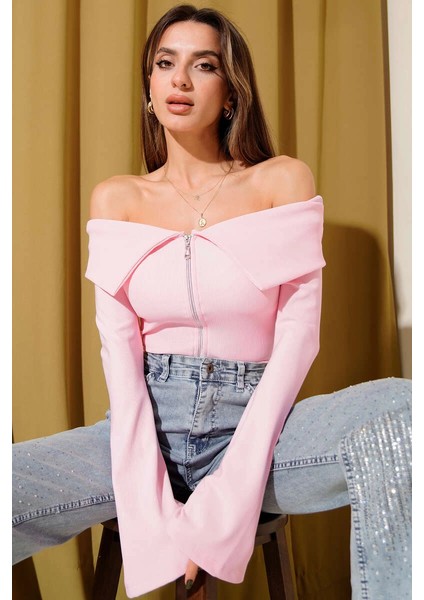 Omzu Açık Fermuarlı Bluz Pembe T4330