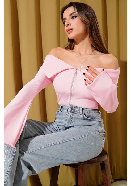 Omzu Açık Fermuarlı Bluz Pembe T4330 modelleri