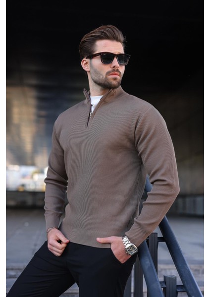 Açık Kahverengi Yarım Fermuarlı Dik Yaka Erkek Triko Kazak 7442