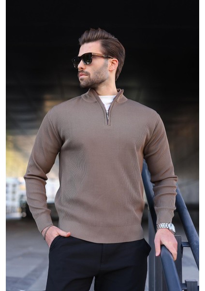 Açık Kahverengi Yarım Fermuarlı Dik Yaka Erkek Triko Kazak 7442 fiyatları
