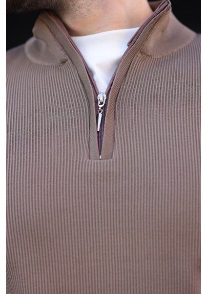 Açık Kahverengi Yarım Fermuarlı Dik Yaka Erkek Triko Kazak 7442 modelleri