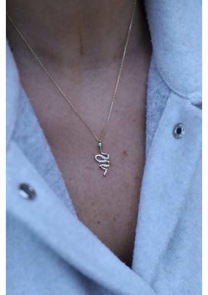 14 Ayar Altın Yeşil Gözlü Taşlı Yılanlı Kolye