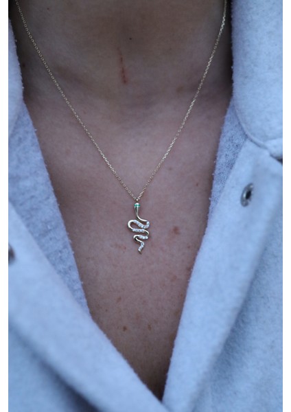 14 Ayar Altın Yeşil Gözlü Taşlı Yılanlı Kolye fiyatları