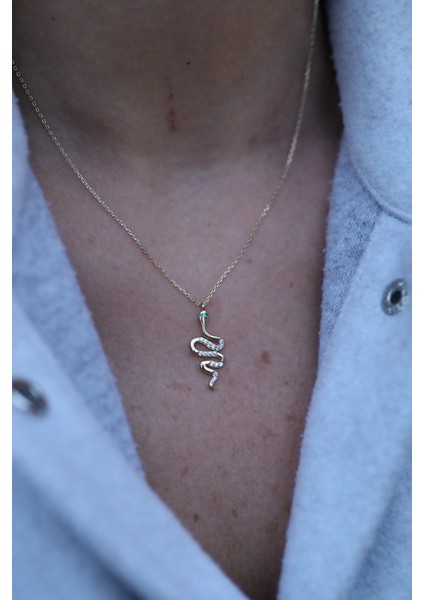 14 Ayar Altın Yeşil Gözlü Taşlı Yılanlı Kolye modelleri