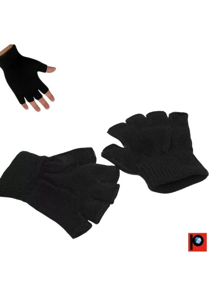 Siyah Unisex Parmaksız Kesik Yarım Parmak Kışlık Örme Triko Eldiven