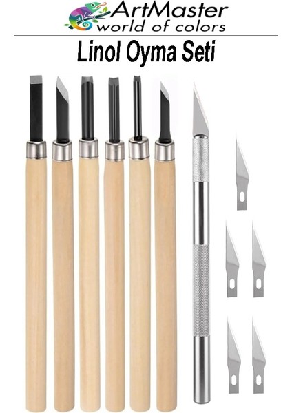 Linol Oyma Seti Ahşap Saplı 6 Parça 1 Paket Kretuar Bıçağı Oyma Kesme Bıçak Seti Linol 6 Bıçaklı Linolyum Baskı Seti