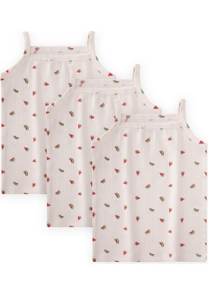 Ip Askılı Kız Atlet Üçlü Ekru Karpuz Desen