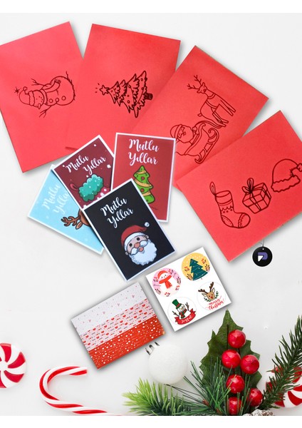 4'lü Yeni Yıl Kartpostal Seti, Kırmızı Zarf ve Güzel Tasarımlar