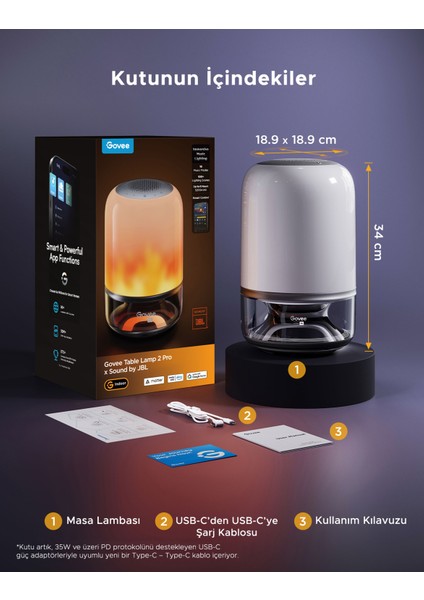 Masa Lambası 2 Pro x Jbl Hoparlörlü, Type-C Şarjı, 45' Şarj Adaptörü Dahildir