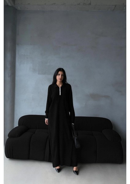 Pantolon Yırtmaçlı Elbise Ikili Triko Takım Siyah Elf