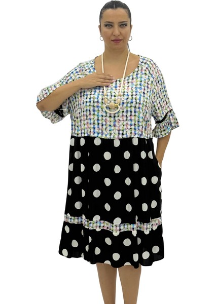 Büyük Beden Desenli Puantiyeli Boyun Aksesuarlı Viskon Oversize Kısa Kol Kadın Elbise